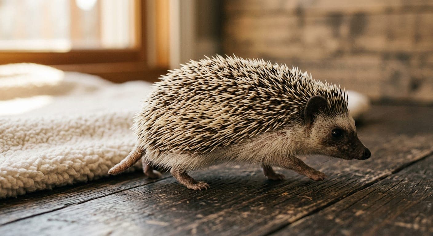 A side view of an African pygmy hedgehog walking on a wood surface, showing the small visible tail emerging from underneath the rear quills