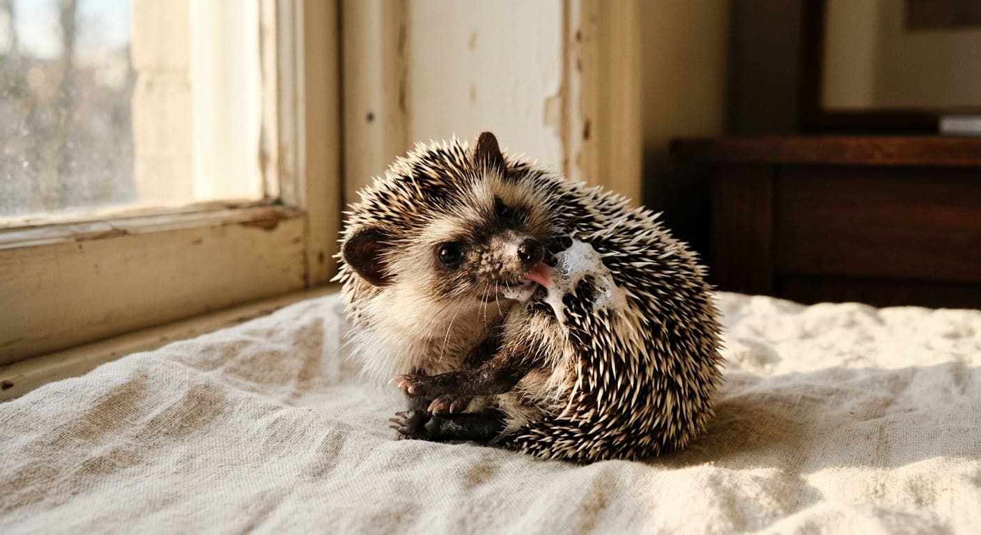 An African pygmy hedgehog mid-self-anoint — twisted around licking foamy saliva onto its quills, a normal but visually alarming behavior