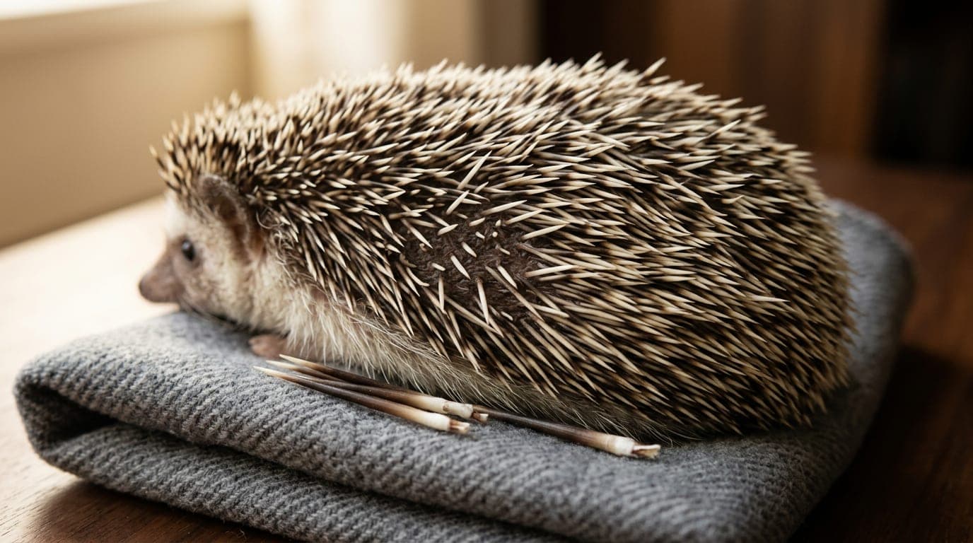 A close-up of an African pygmy hedgehog's back showing emerging new quills among existing ones, with a few shed quills on the fleece liner beside them — the natural quilling process