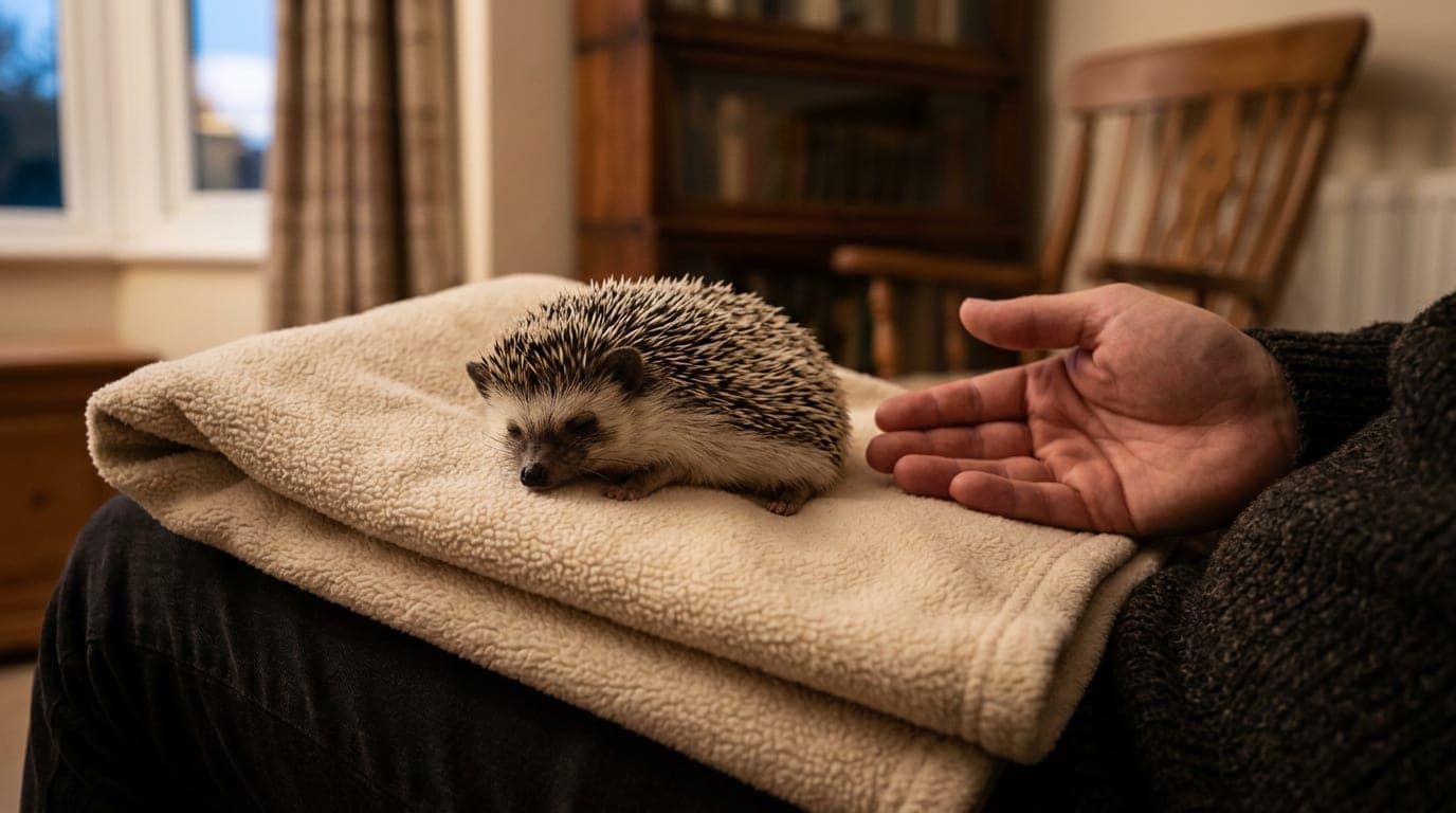 An African pygmy hedgehog resting calmly on a folded fleece blanket on a human lap, quills flat, eyes half-closed — the quiet trust that bonding actually looks like