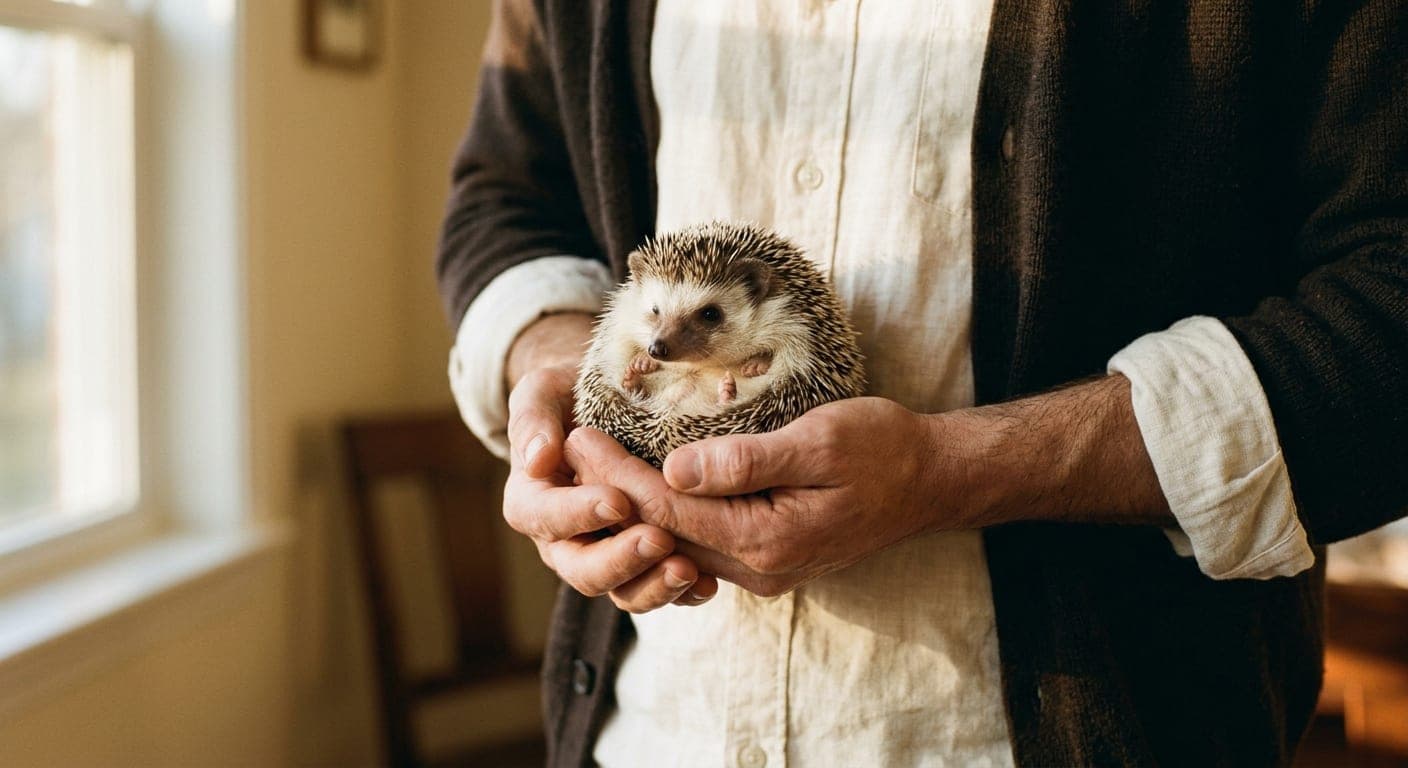 A hedgehog being held in cupped hands at chest level, calm and relaxed — the safe handling posture that avoids most bite situations