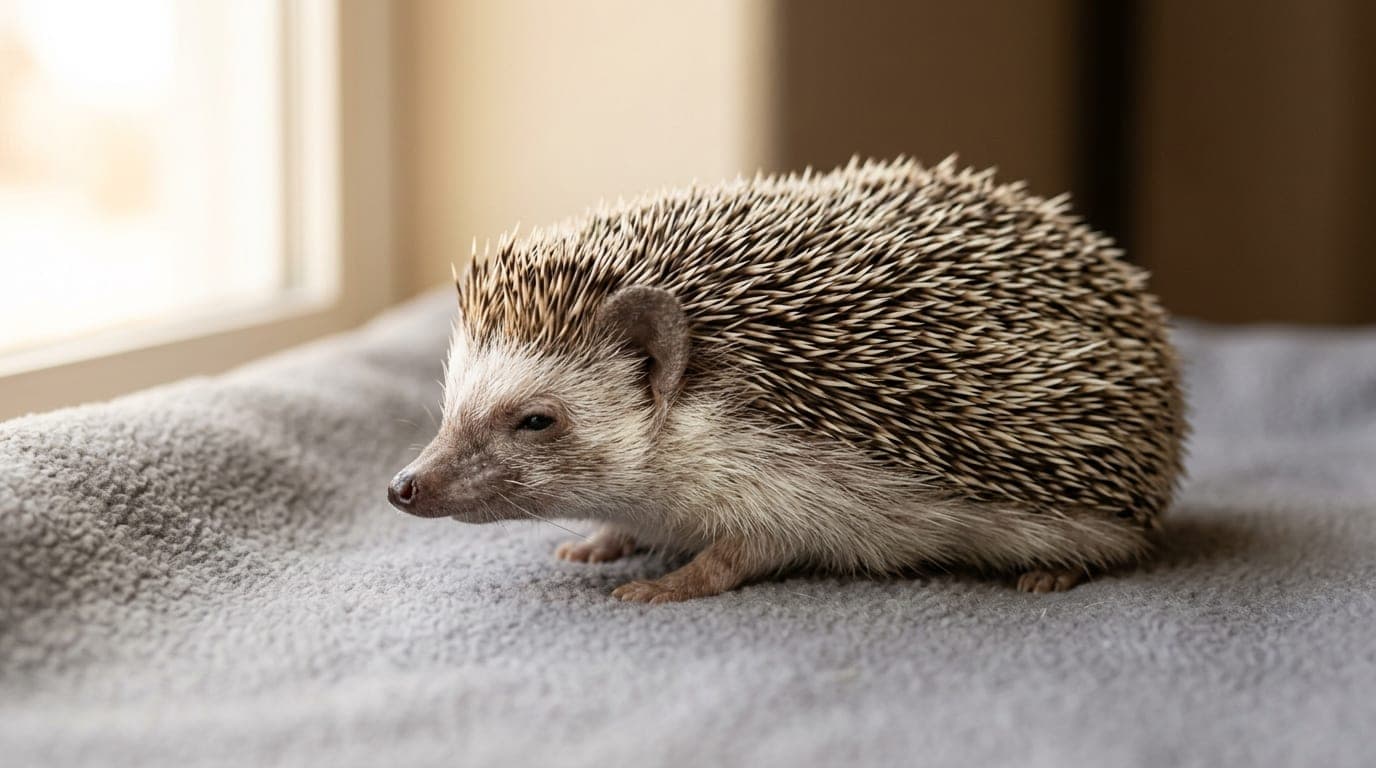 An older African pygmy hedgehog resting on a fleece liner, showing the slight greying around the face that some hedgehogs develop in their later years