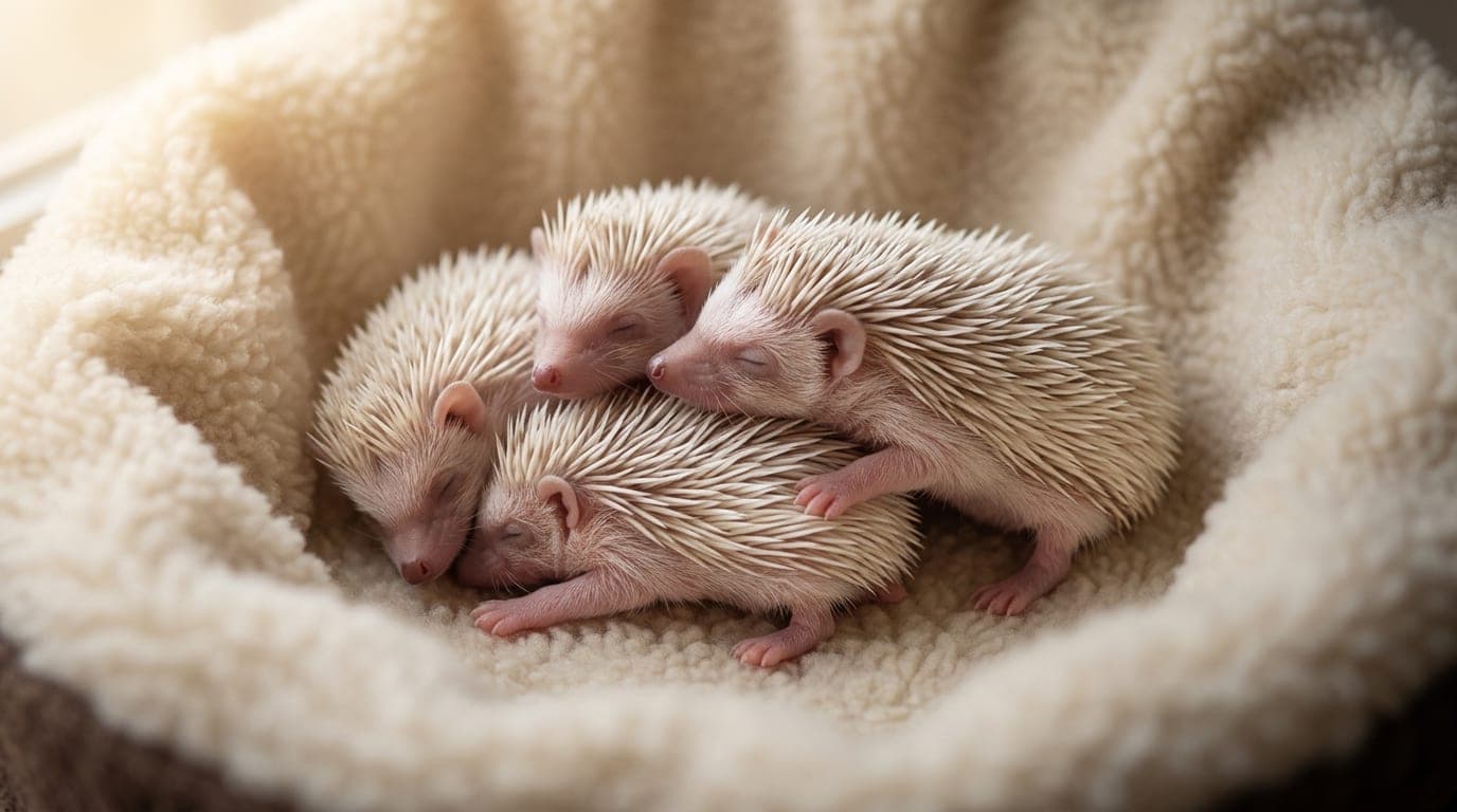 Several days-old hoglets in a fleece-lined nest, eyes still closed, soft pale quills visible — the early week of hedgehog development