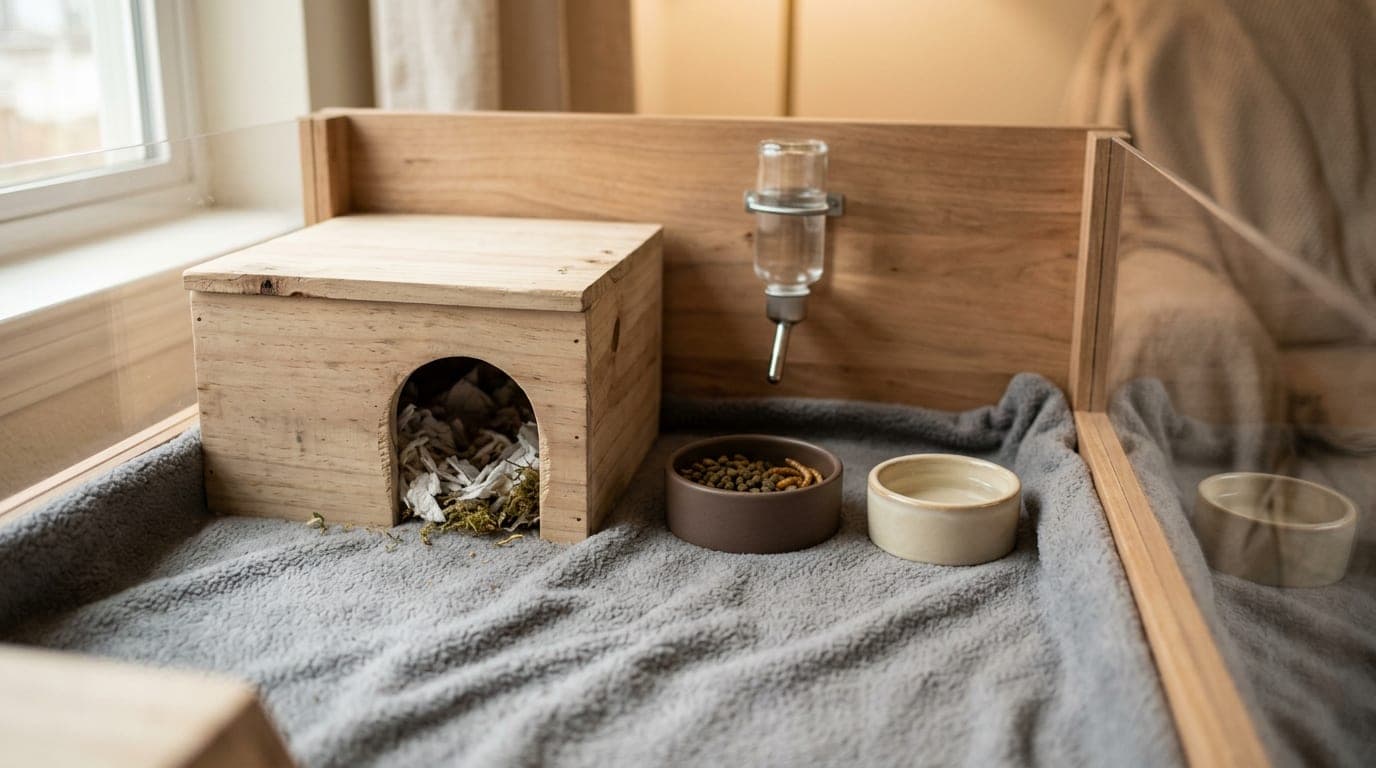 A clean nesting setup inside a hedgehog cage — soft fleece padding, a covered hide, food and water dishes — prepared for a pregnant female