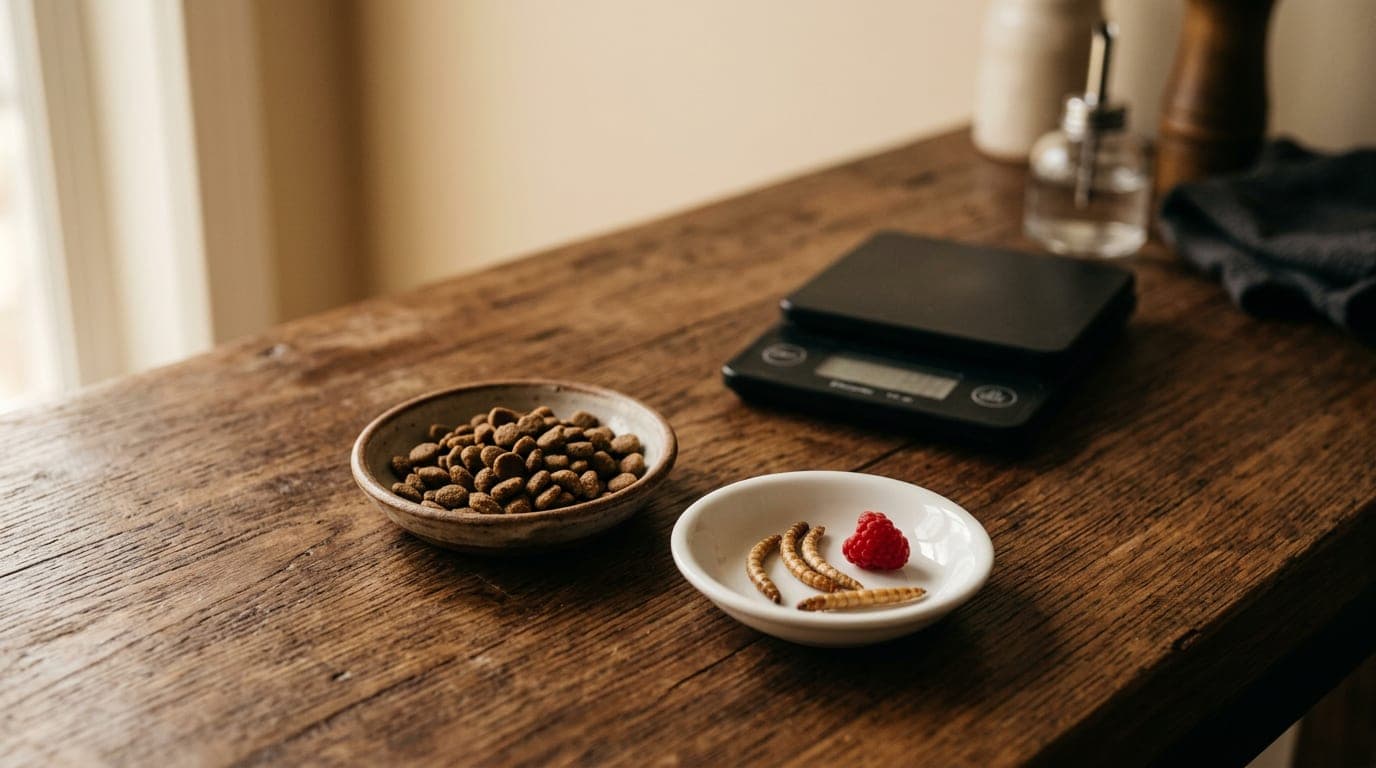 A small ceramic dish of dry brown cat kibble beside a smaller dish containing three mealworms and a pea-sized piece of fresh fruit, with a kitchen scale visible in the background — the evening feeding setup
