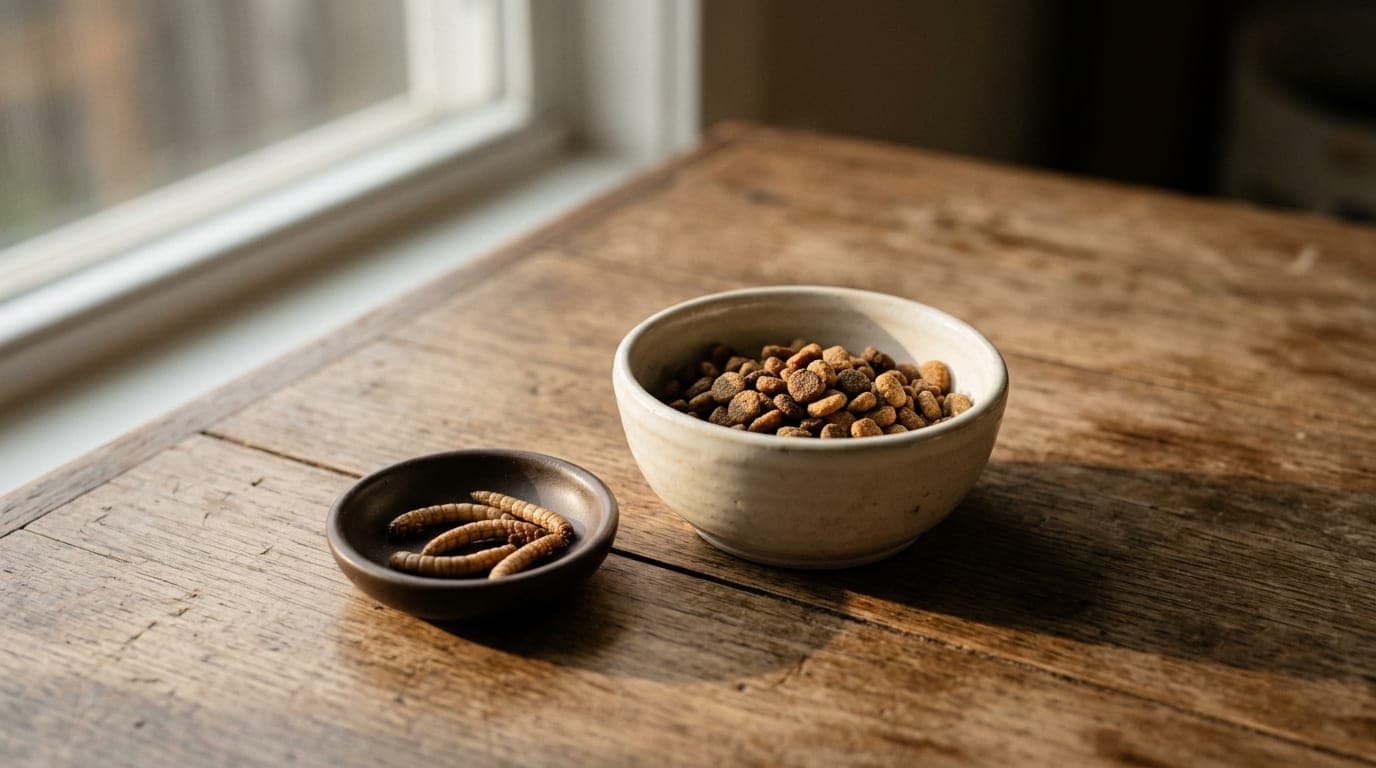 A small bowl of dry hedgehog kibble next to a separate dish of three mealworms, on a wood surface