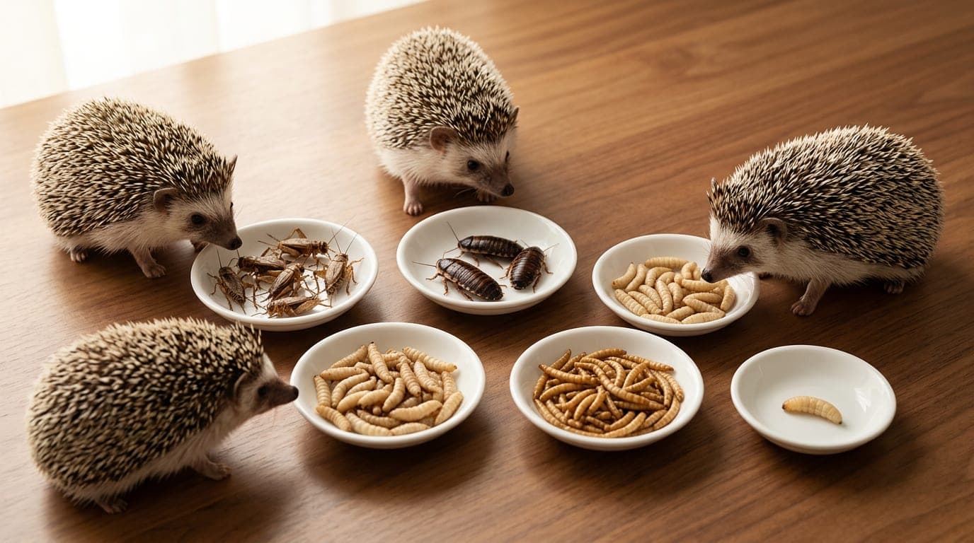 A comparison spread of feeder insects in small white ceramic dishes on a wood surface — crickets, dubia roaches, black soldier fly larvae, mealworms, and a single waxworm