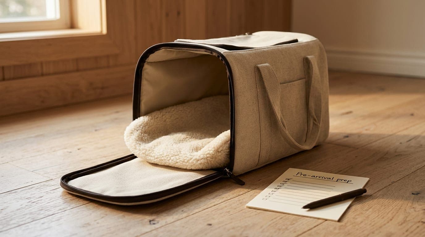 A small soft-sided pet carrier on a wood floor, fleece liner inside, beside a folded paper checklist and a pen — preparing to bring a hedgehog home