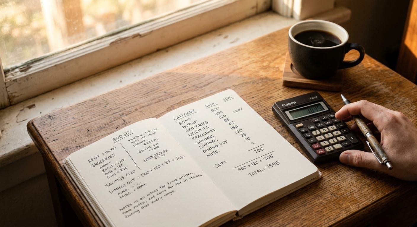 A small wood desk with a notebook open showing budget categories — animal, setup, vet, monthly — beside a calculator and pen