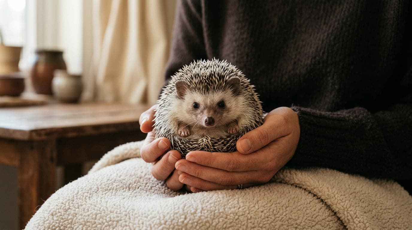 An African pygmy hedgehog held in cupped human hands on a fleece blanket, eyes alert, quills relaxed and flat — the moment of evaluation before commitment