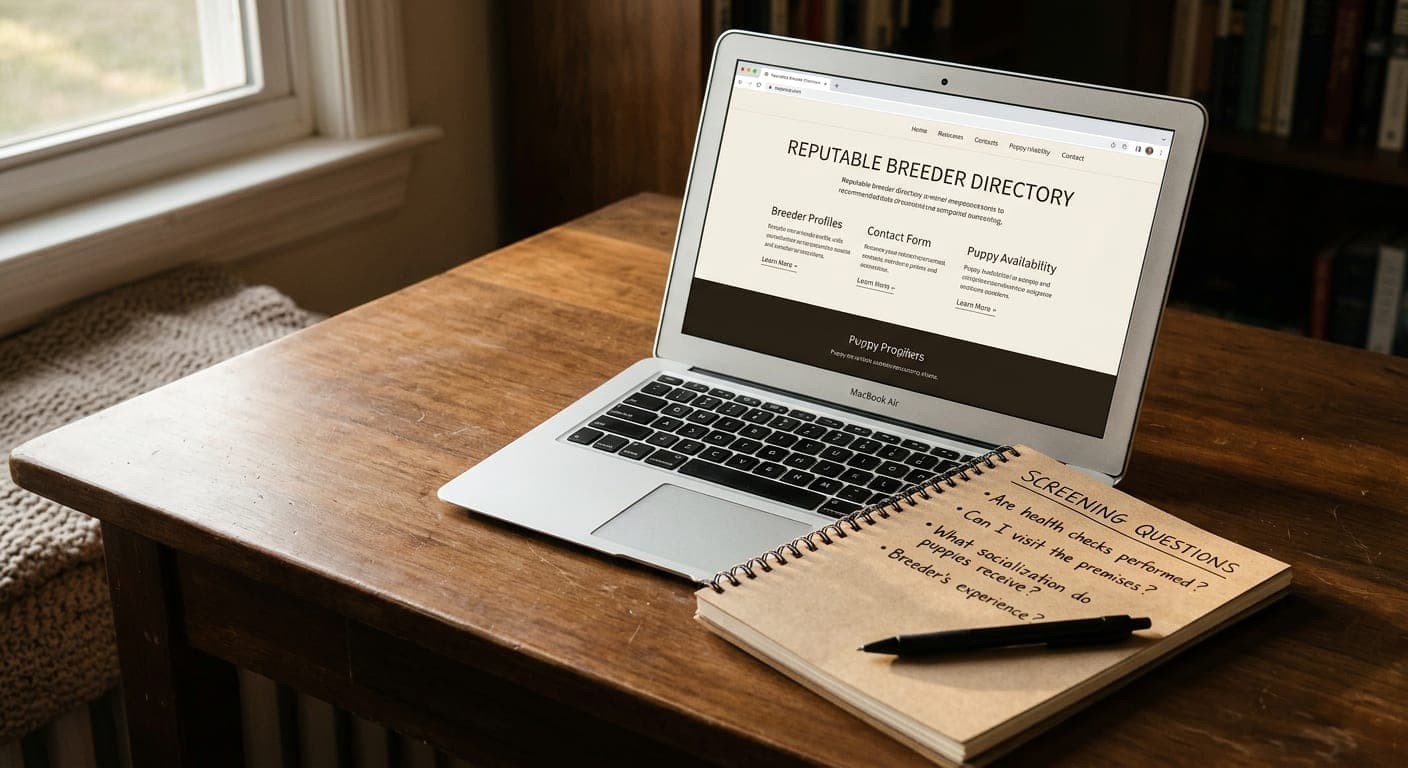 An open laptop on a wood desk showing a breeder's contact page beside a printed list of screening questions and a coffee cup
