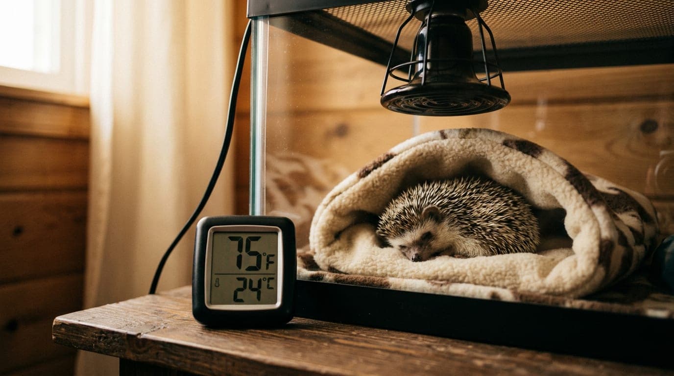 A digital cage thermometer reading 75°F beside a hedgehog cage with a fleece hide and ceramic heat emitter visible above — the prevention is temperature management