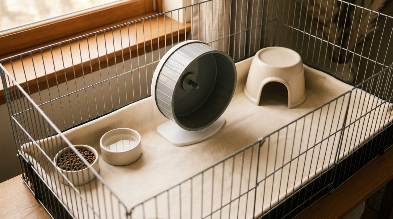 A clean hedgehog cage interior viewed from above, with a fresh fleece liner, clean wheel, and tidy food and water dishes — illustrating the well-maintained baseline