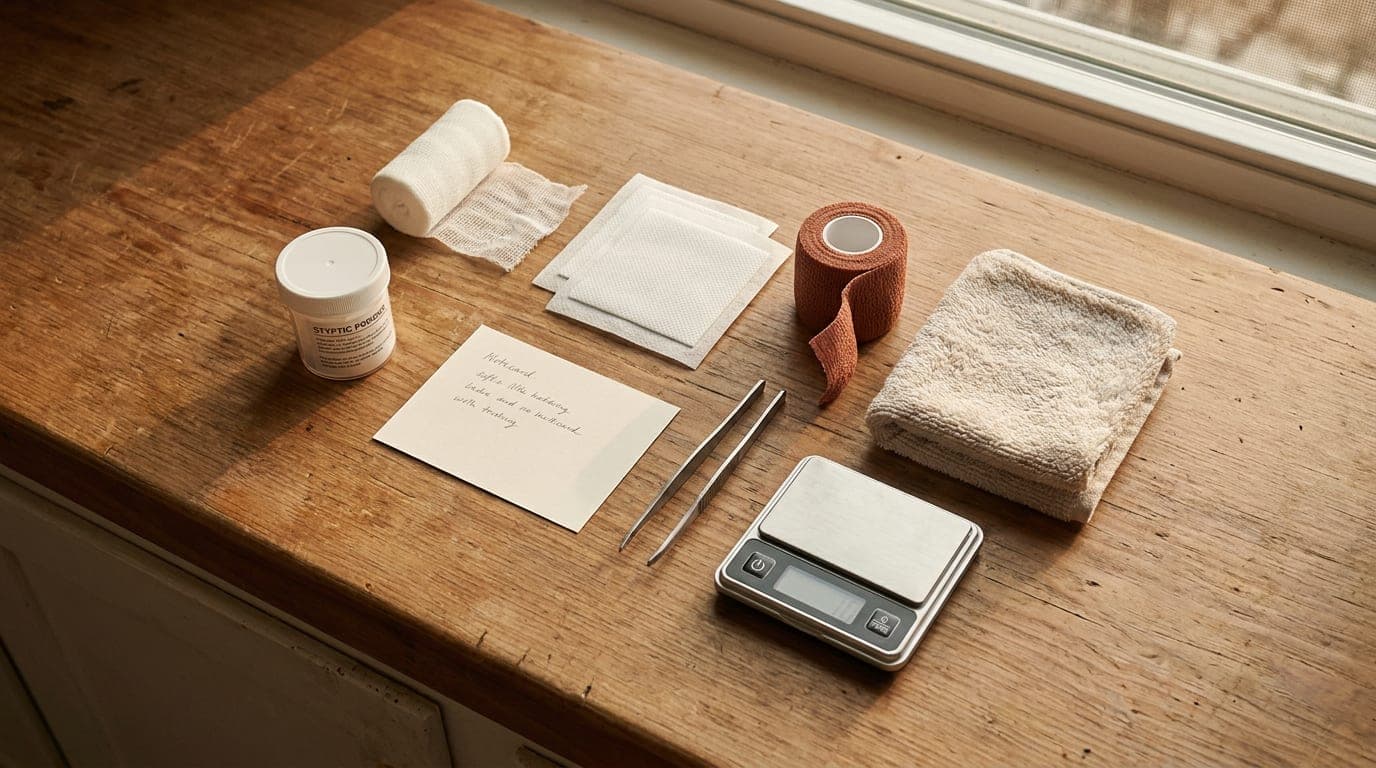 A hedgehog first-aid kit laid out on a wooden counter: styptic powder, gauze, non-stick pads, rust-colored vet wrap, tweezers, a digital scale, a folded towel, and a handwritten notecard