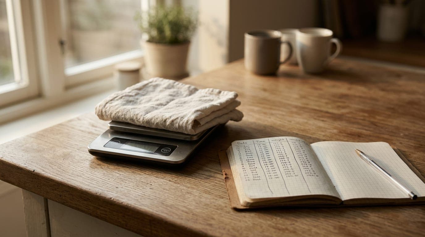 A small digital kitchen scale on a wood counter with a soft cloth on the platform, ready for a weekly hedgehog weigh-in