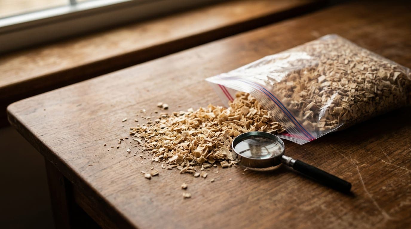 A small portion of fresh aspen wood shavings beside a sealed freezer bag and a magnifying glass on a wood surface — the bedding-mite connection illustrated