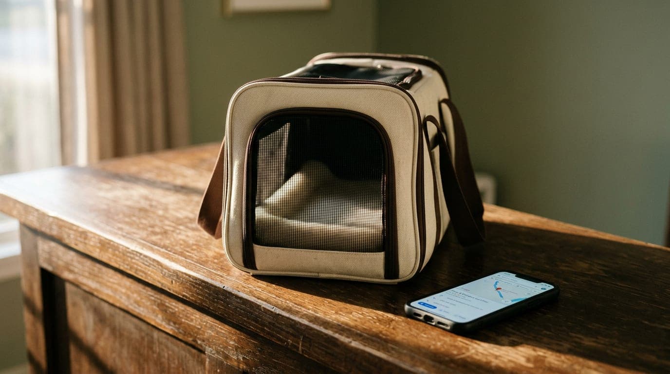 A small soft-sided pet carrier on a wood counter with a fleece liner inside, next to a phone showing a vet's contact information