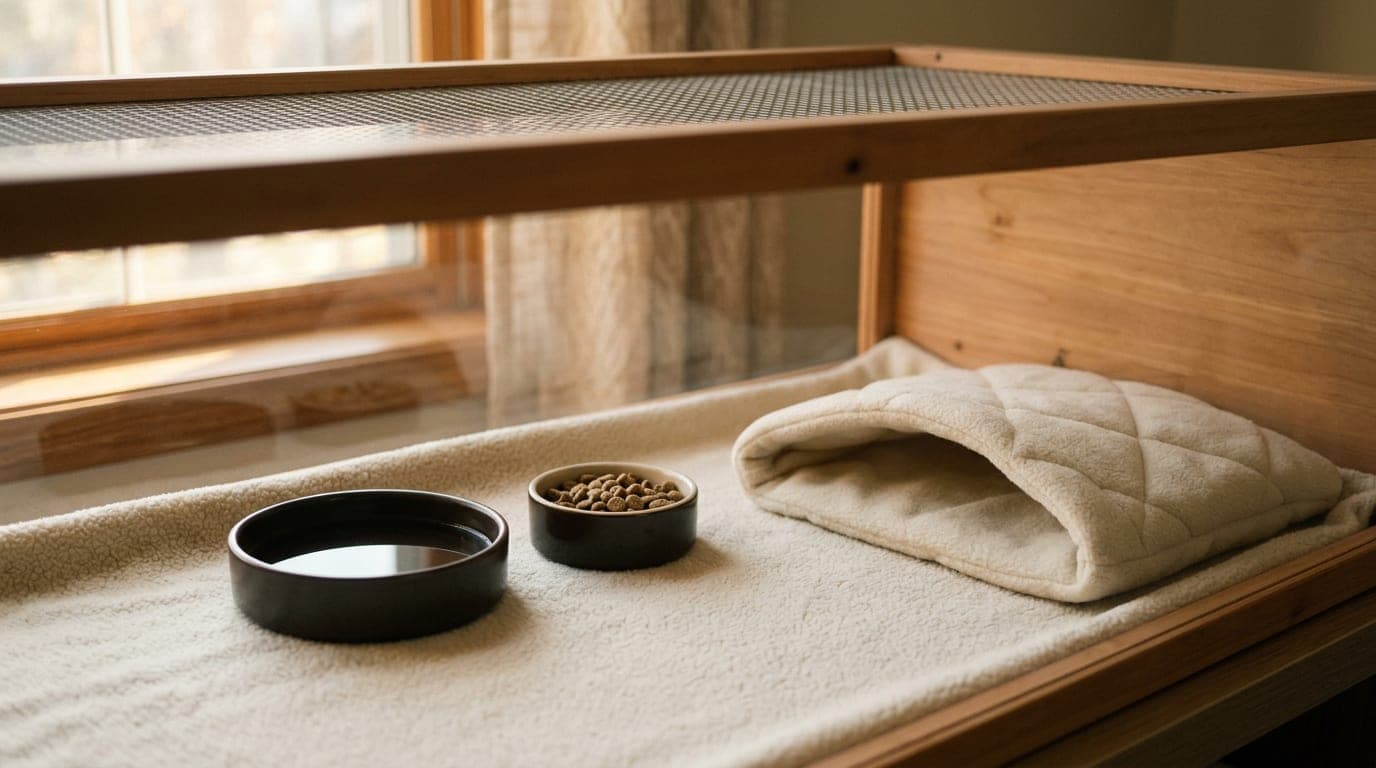 A hedgehog cage modified for a hedgehog with mobility issues — low-sided water dish, soaked kibble in a shallow bowl, a low hide with no step up, and the wheel removed