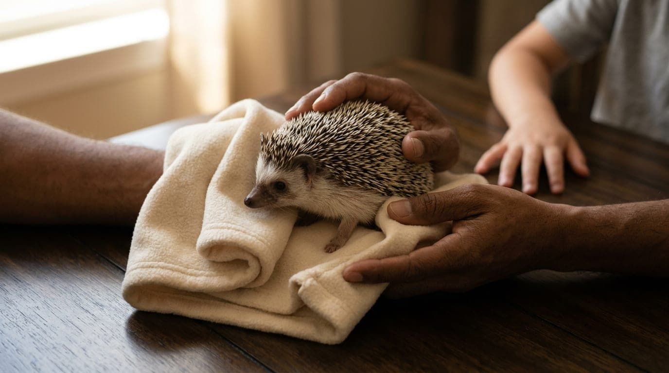 An adult's hands holding a calm hedgehog on a fleece liner while a child observes from the background — supervised handling, not solo