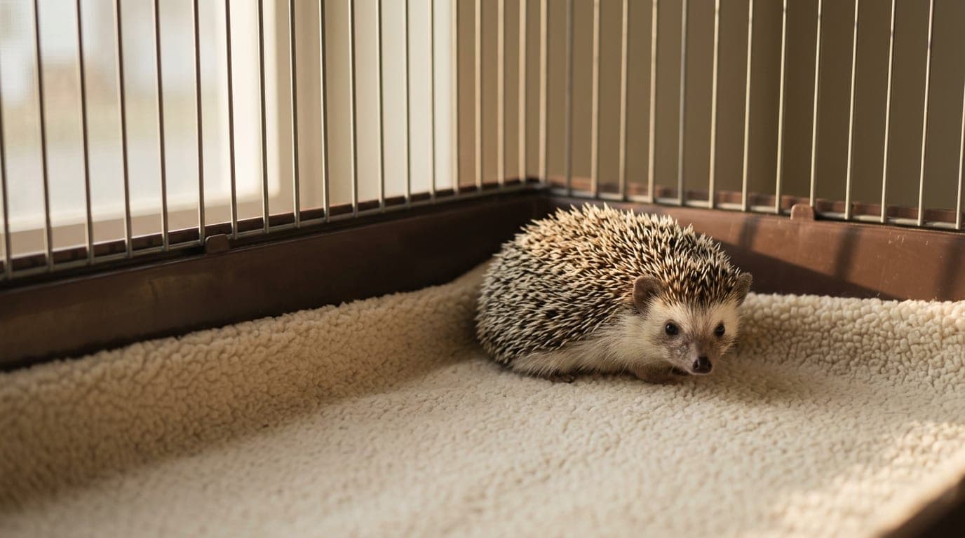 An African pygmy hedgehog sitting calmly on a fleece liner inside its cage, looking toward the viewer