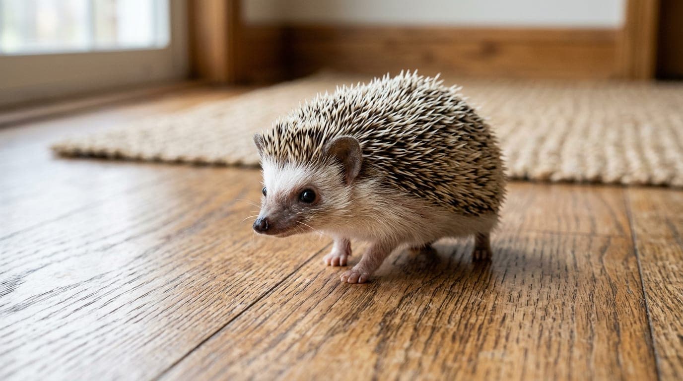 An adult African pygmy hedgehog viewed from a 3/4 angle, showing the brown-and-cream quill pattern characteristic of the species