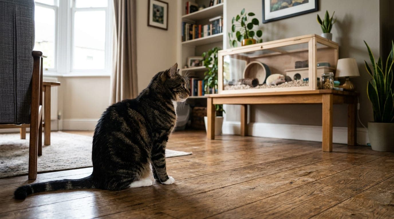 A house cat sitting on a wood floor looking calmly toward a hedgehog enclosure on an elevated table in the background
