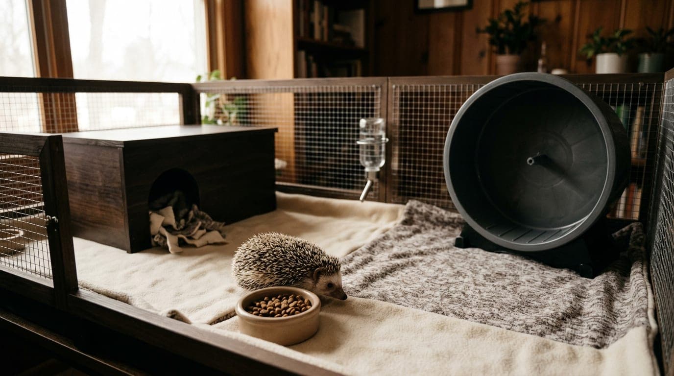 A clean African pygmy hedgehog enclosure with a fleece-lined floor, food and water dishes, a wooden hide, and a solid running wheel — the full care setup ready for the animal
