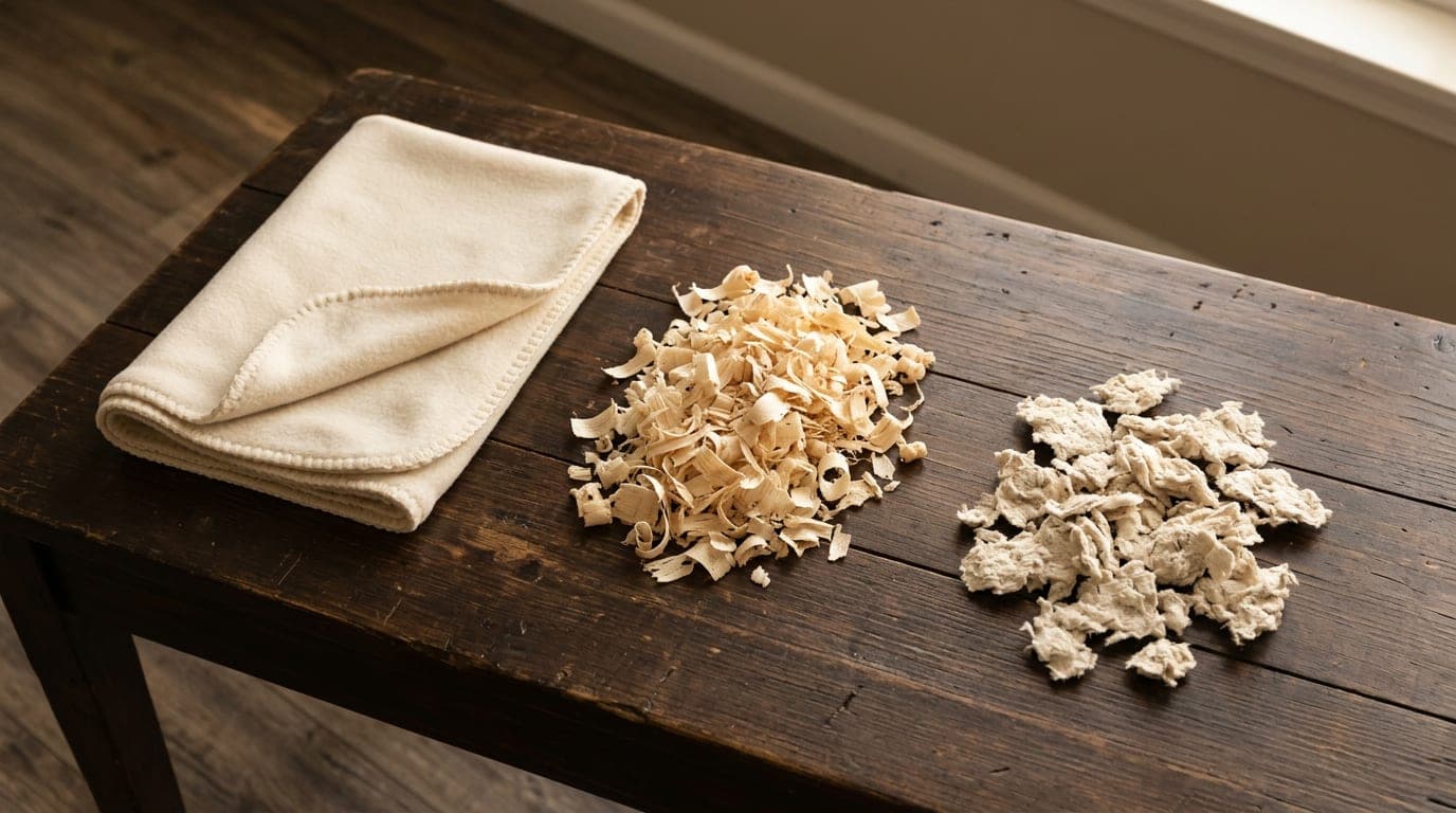 A small comparison of hedgehog bedding options arranged on a wood surface — a folded grey fleece liner, a handful of aspen shavings, and a small pile of paper-pulp bedding