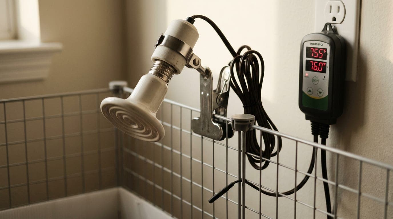 A ceramic heat emitter bulb mounted in a clamp lamp above a hedgehog cage, with a thermostat controller visible on the wall outlet — the standard safe setup