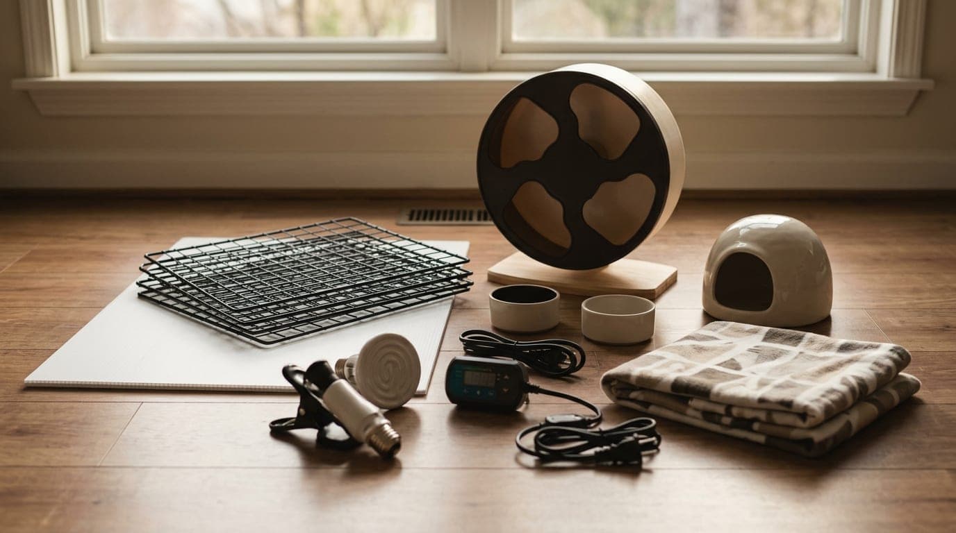 An unboxed assortment of hedgehog setup supplies on a wood floor — cage grids, coroplast sheet, wheel, hide, food and water dishes, fleece liner — laid out for assembly