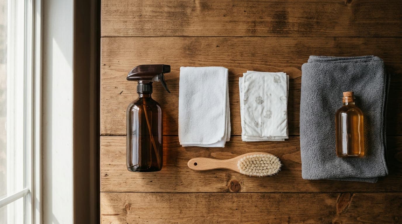 An overhead flat-lay of hedgehog cage-cleaning supplies on a wood surface — vinegar-water spray bottle, microfiber cloth, unscented baby wipes, freshly washed fleece liner, soft brush, and unscented dish soap