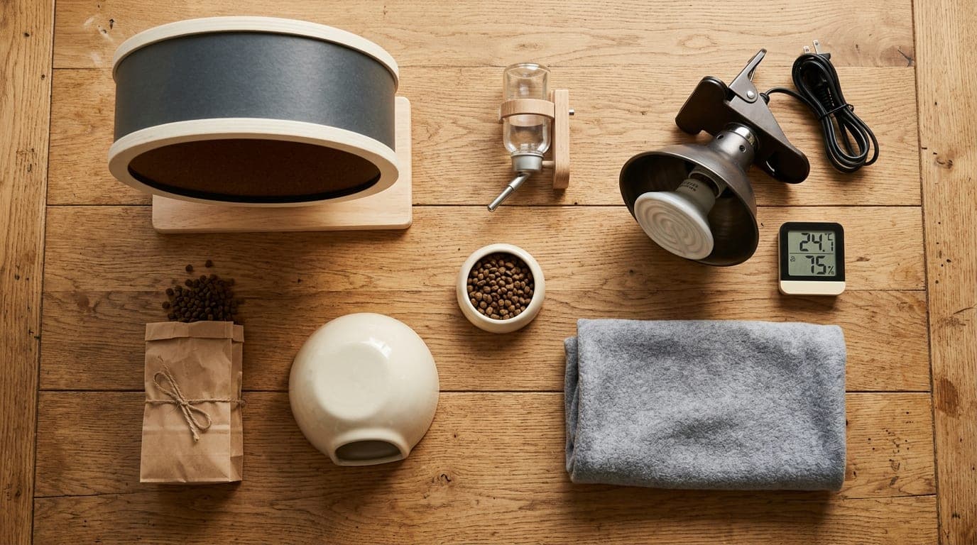 An overhead flat-lay of essential hedgehog supplies on a wood surface — a wheel, ceramic igloo hide, food and water dishes, fleece liner, kibble bag, ceramic heat emitter bulb, and clamp lamp