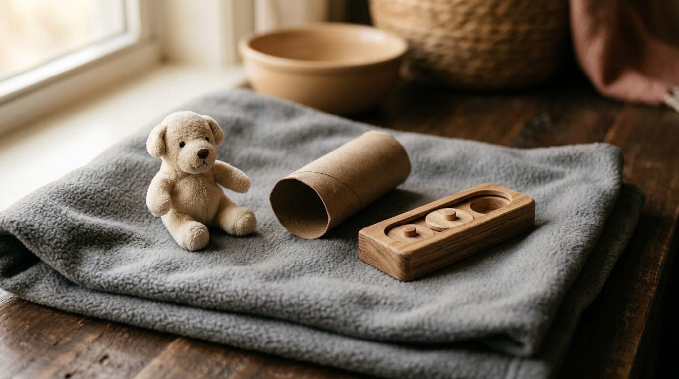 A small stuffed dog toy, a toilet paper roll cut lengthwise, and a small foraging puzzle on a fleece liner — simple hedgehog enrichment items