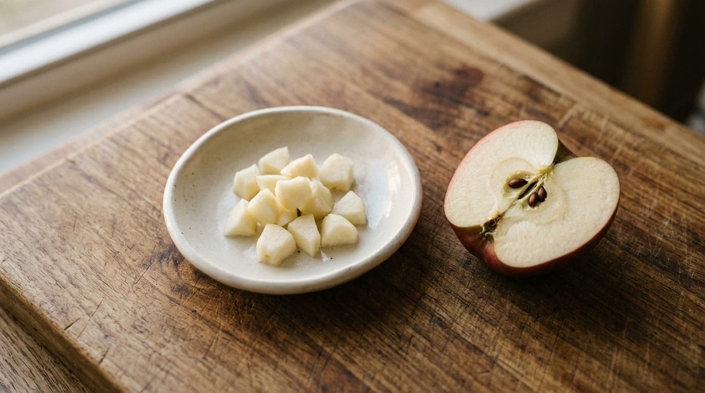 Pea-sized pieces of peeled apple flesh on a small white ceramic dish, with a quartered apple beside it showing seeds to remove