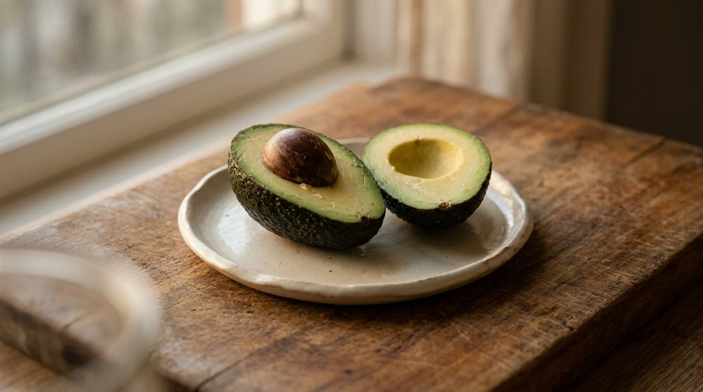 A halved avocado on a wood cutting board, pit visible — neutral editorial photograph