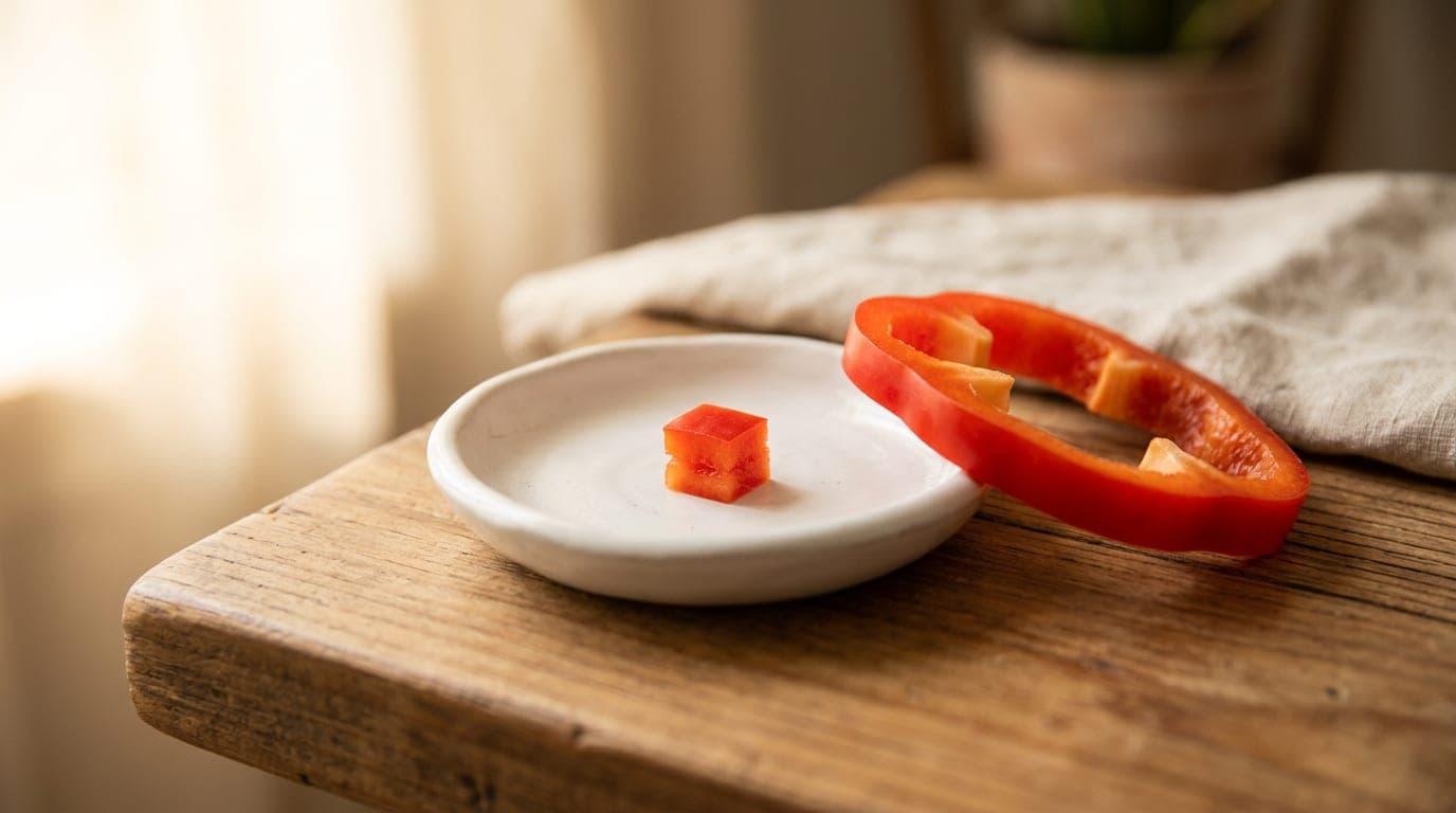 A pea-sized piece of fresh red bell pepper flesh on a small white ceramic dish beside a slice of red bell pepper for scale
