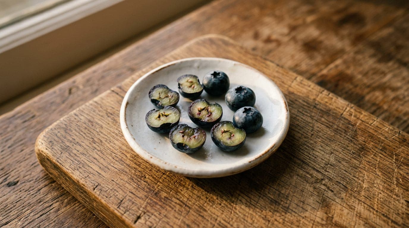 Three blueberries cut in half, cut sides facing up, on a small white ceramic dish