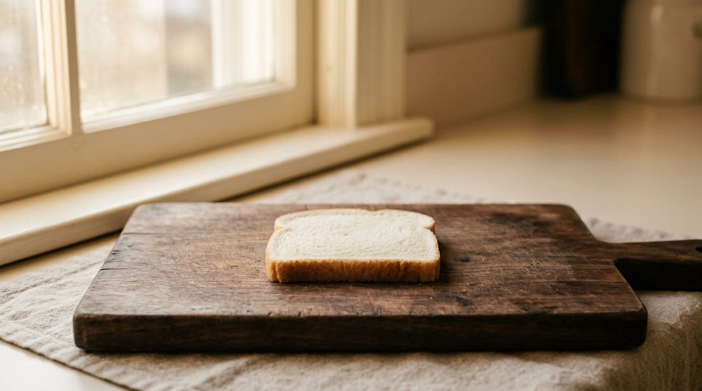 A small piece of plain white sandwich bread on a wood cutting board — neutral editorial photograph