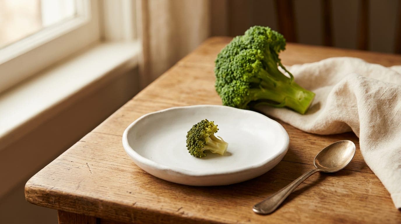 A pea-sized piece of plain steamed broccoli floret on a small white ceramic dish, beside a raw floret for contrast