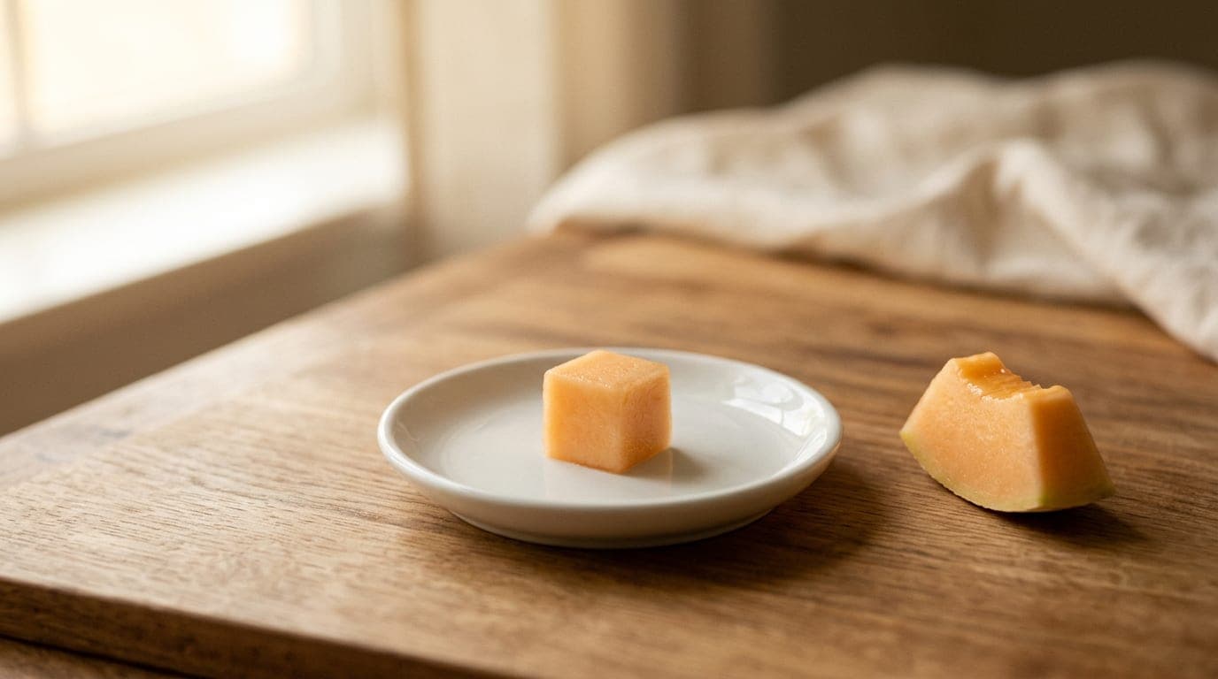 A pea-sized cube of soft orange cantaloupe flesh on a small white ceramic dish beside a wedge for scale