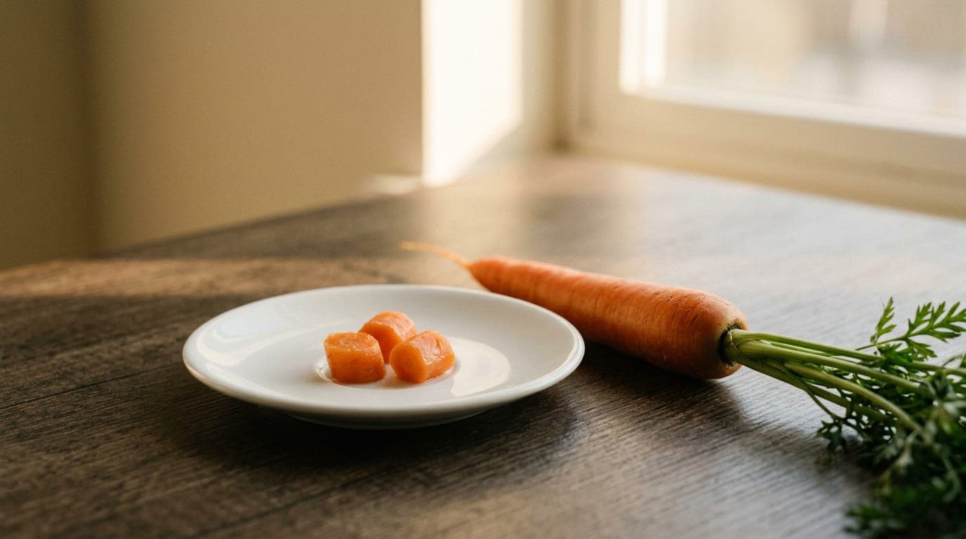 Pea-sized pieces of cooked, softened carrot on a small white ceramic dish