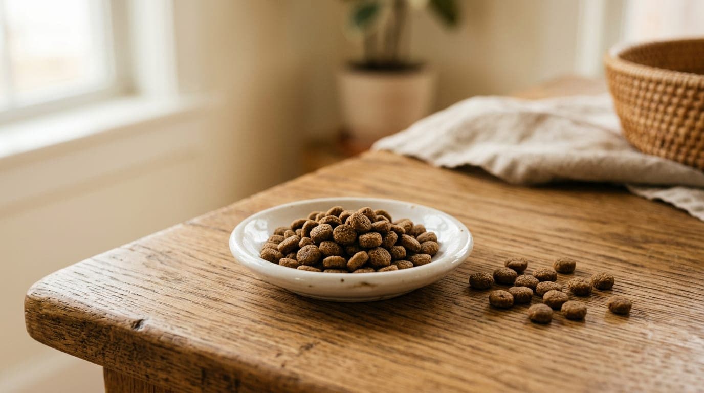 A small portion of dry brown adult cat kibble in a small white ceramic dish on a wood surface