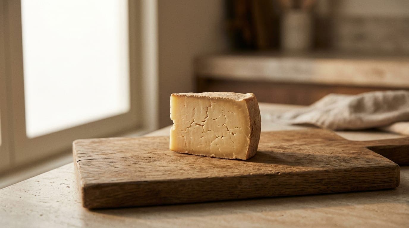 A small wedge of cheese on a wood cutting board — neutral editorial photograph
