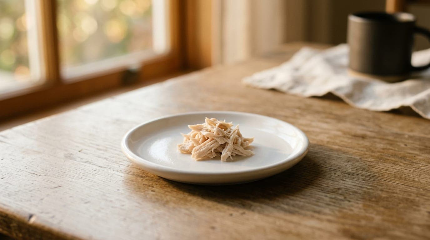 A pea-sized piece of plain shredded boiled chicken on a small white ceramic dish