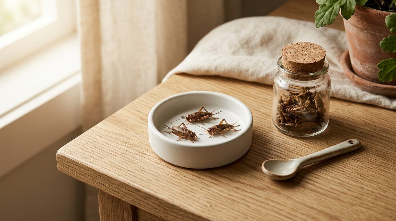 Two or three brown house crickets on a small white ceramic dish on a wood surface — editorial photograph