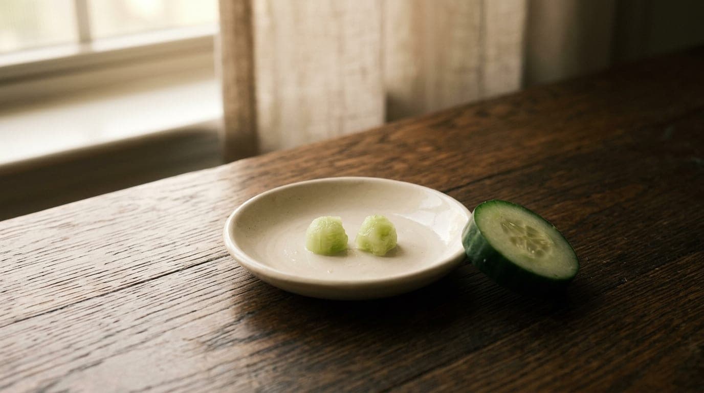 Two pea-sized pieces of peeled cucumber on a small white ceramic dish