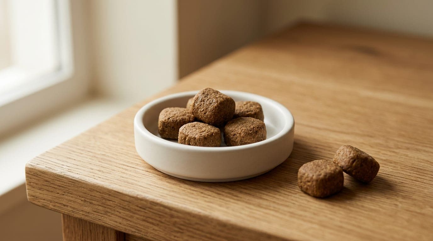 A few pieces of large brown dry dog kibble in a small white ceramic dish, noticeably larger than typical cat food