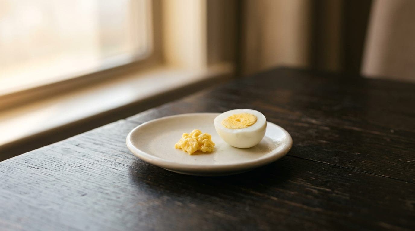 A pea-sized piece of plain scrambled egg on a small white ceramic dish, beside a hard-boiled egg cut in half for context