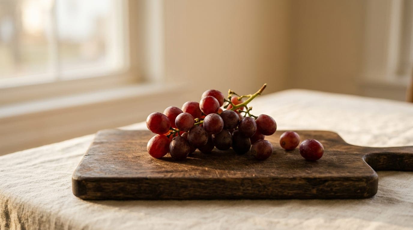 A single small bunch of red grapes on a wood cutting board — neutral editorial photograph
