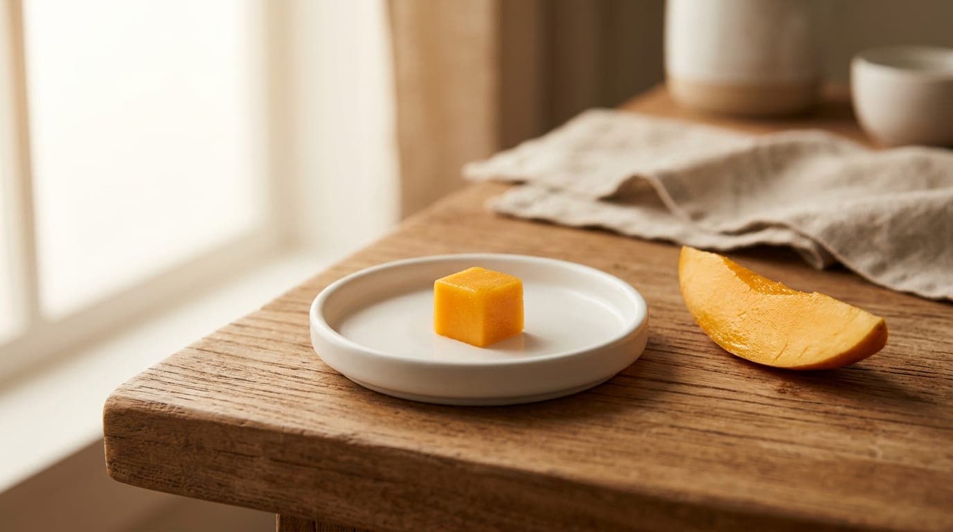 A pea-sized cube of fresh ripe orange mango flesh on a small white ceramic dish beside a wedge of peeled mango for scale